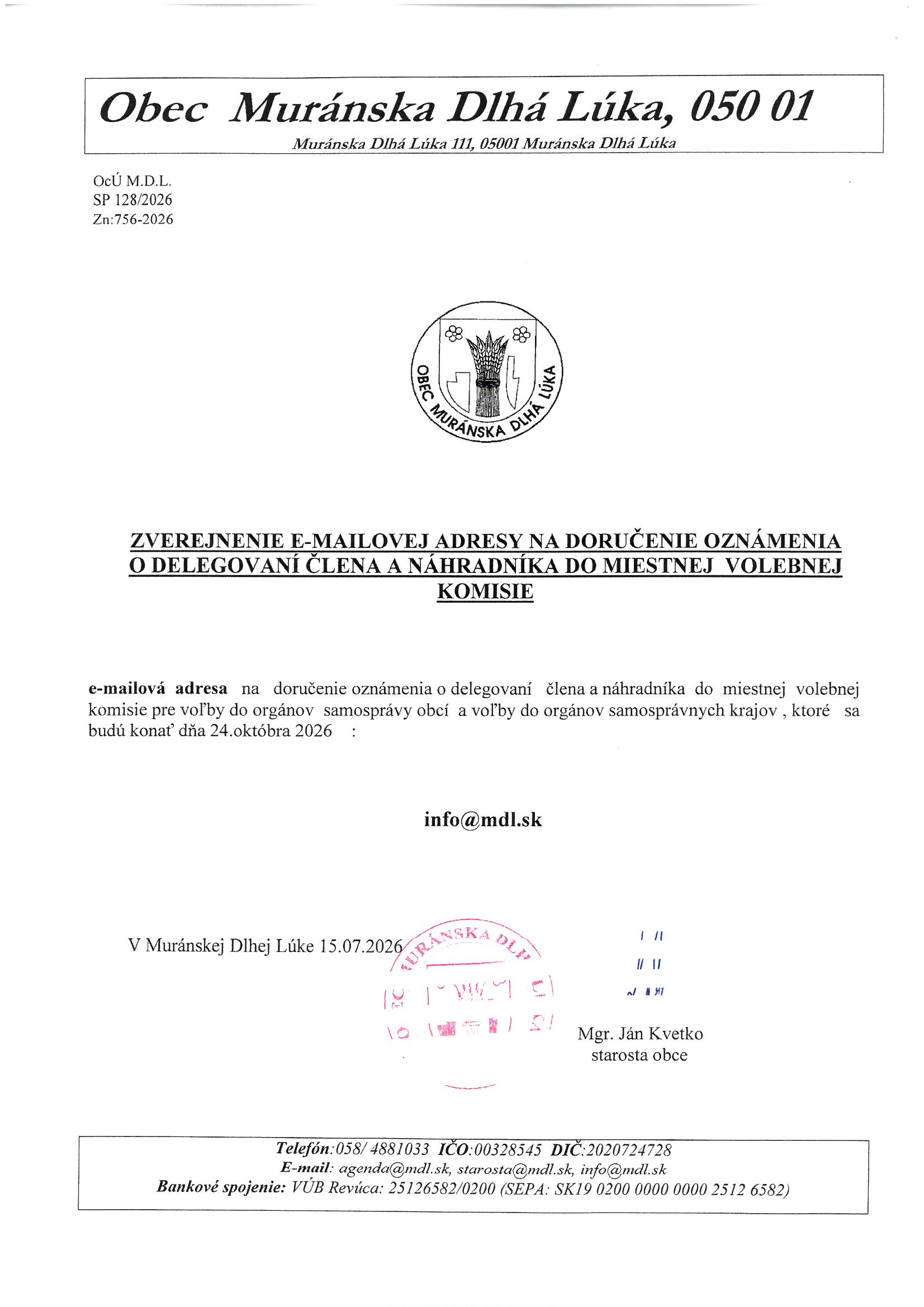 Zverejnenie e-mailovej adresy na doručenie oznámenia o delegovaní člena do MVK